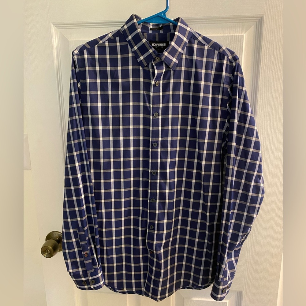 Express Men’s Performance Stretch Button Down, Size S, Navy/White Plaid